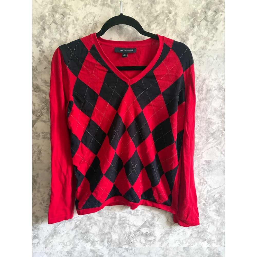 Tommy Hilfiger Argyle V Neck Sweater Red Black Long Sleeve Top